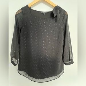 RW&co sheer and lined black 3/4 blouse with accent neck detail- size XXS